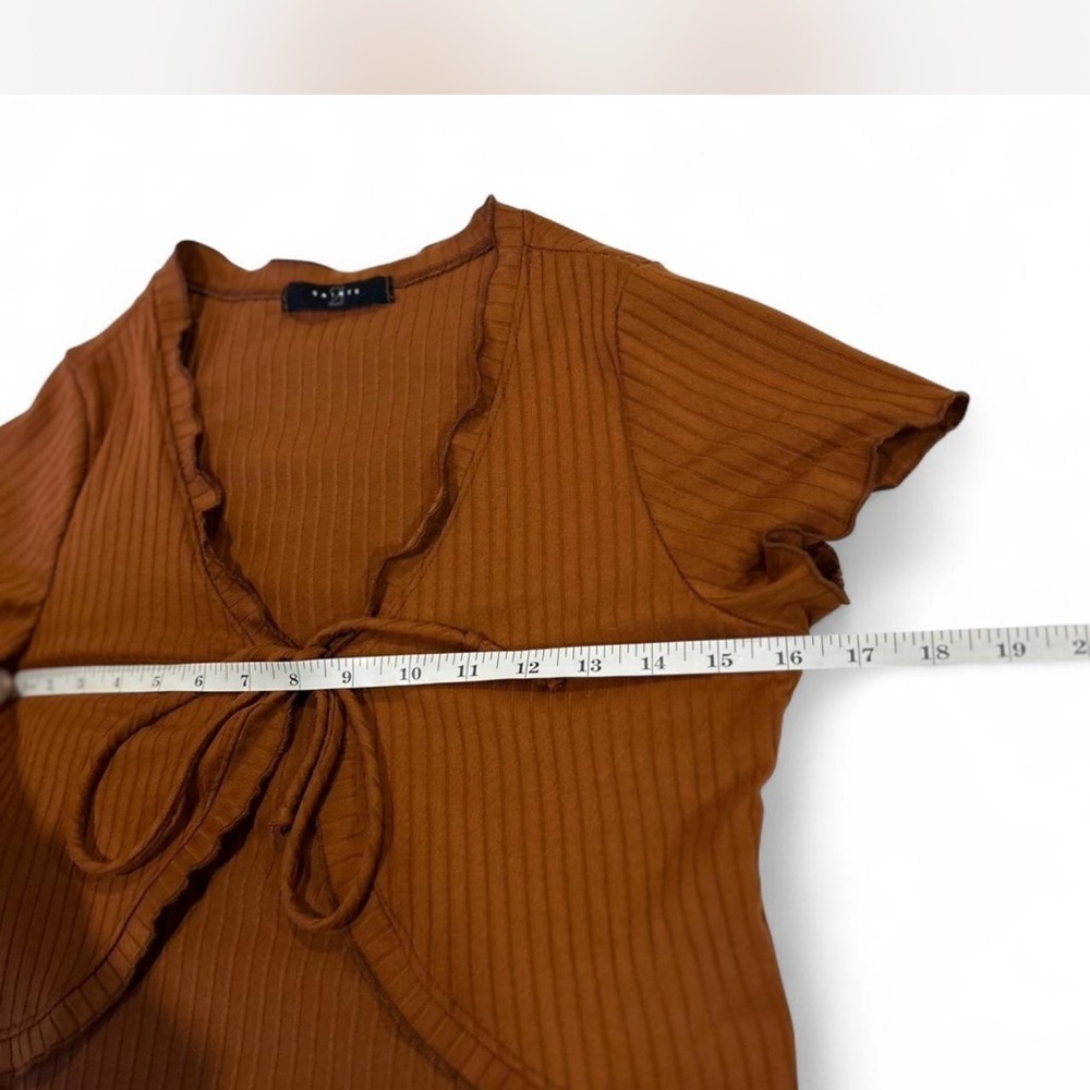Cropped Tie Front Cardigan Burnt Orange Brown Ribbed Short-sleeved Size XS - Picture 5 of 6